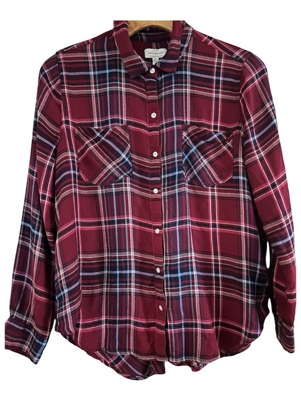 Lucky Brand Red and Navy Plaid Button-Down Shirt